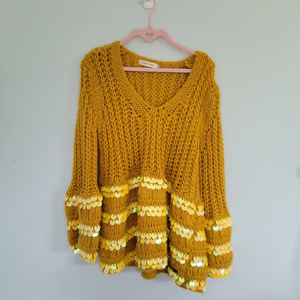 Simply Couture Handmade Yellow Knit Sweater with Sequin Accents